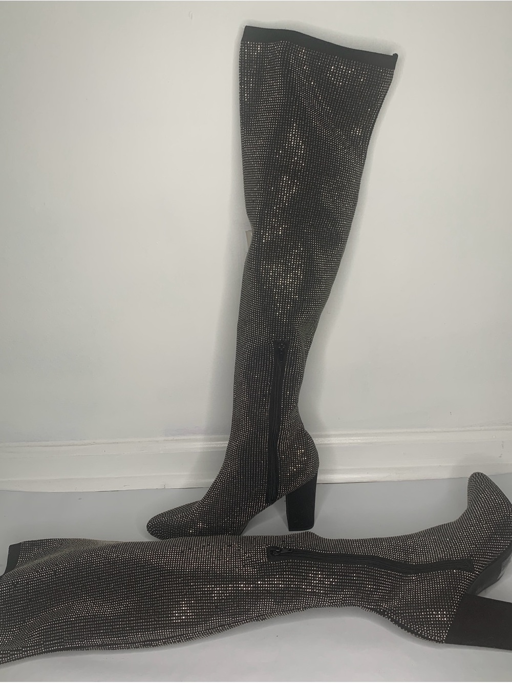 Wild Pair Sparkling Knee-High Sock Heel Boots - Black Rhinestone